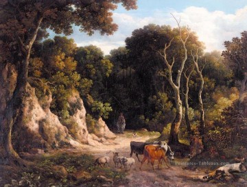 Un paysage boisé avec des bovins et des moutons sur un sentier avec un berger Philip Reinagle Peinture à l'huile